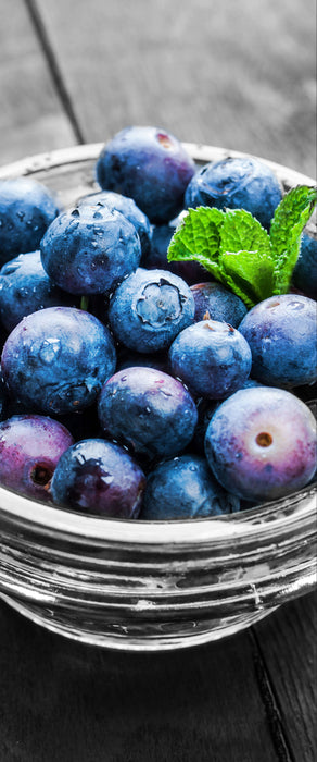 Schale voller Heidelbeeren, Glasbild Panorama