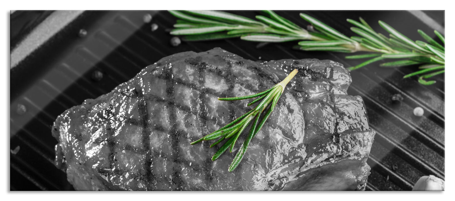 Pixxprint leckeres Rumpsteak auf Grill, Glasbild Panorama