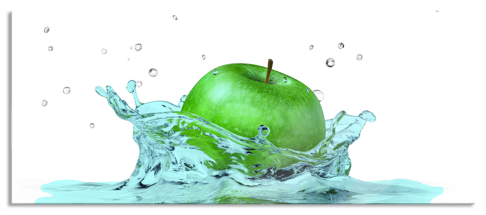 Pixxprint green Apple Apfel fällt in Wasser, Glasbild Panorama