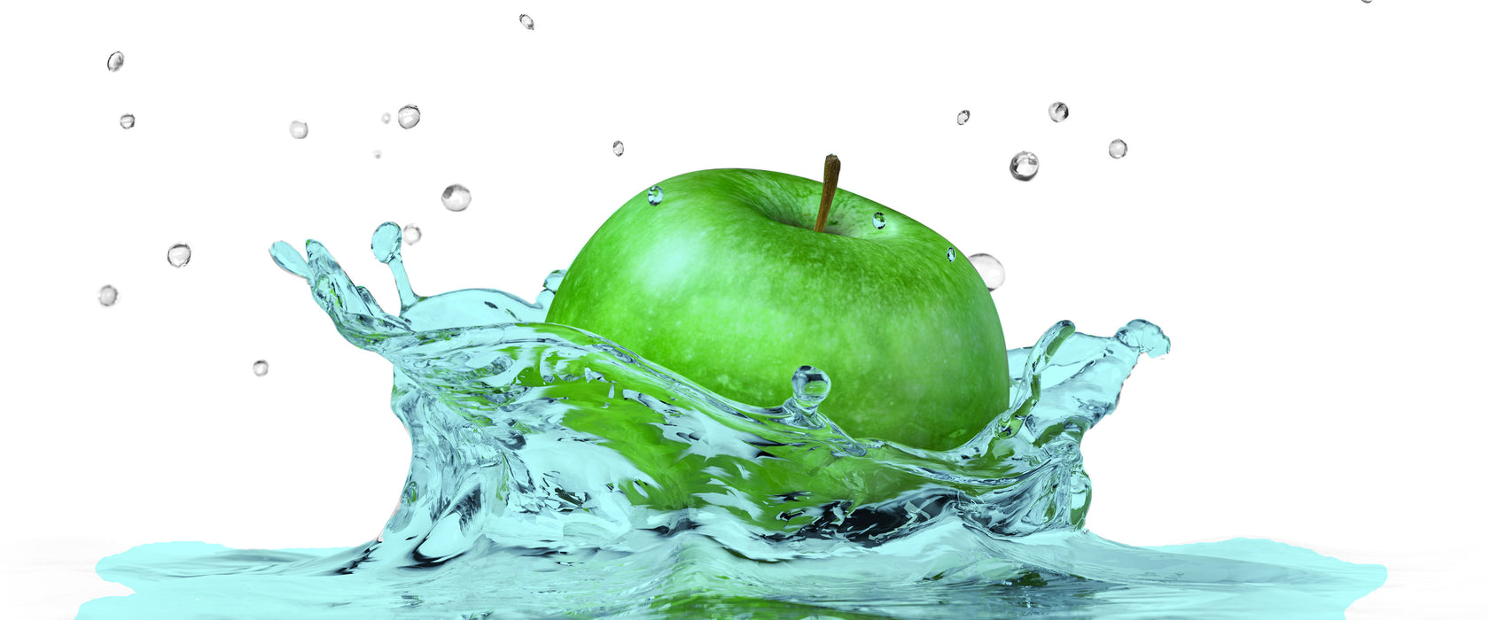 green Apple Apfel fällt in Wasser, Glasbild Panorama