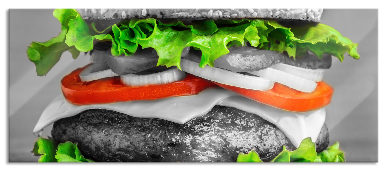 leckerer Hamburger mit Zwiebeln, Glasbild Panorama