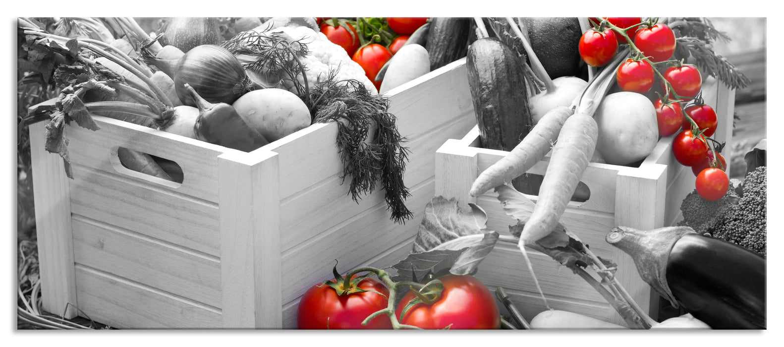 Pixxprint Gemüse in Holzkisten, Glasbild Panorama