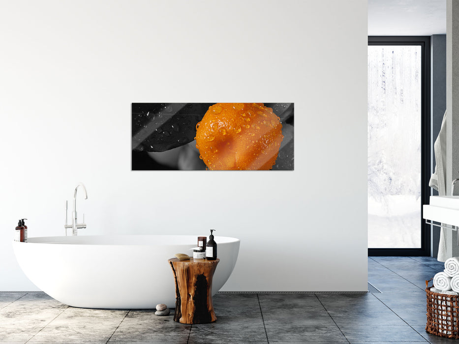 Orange mit Wassertropfen, Glasbild Panorama