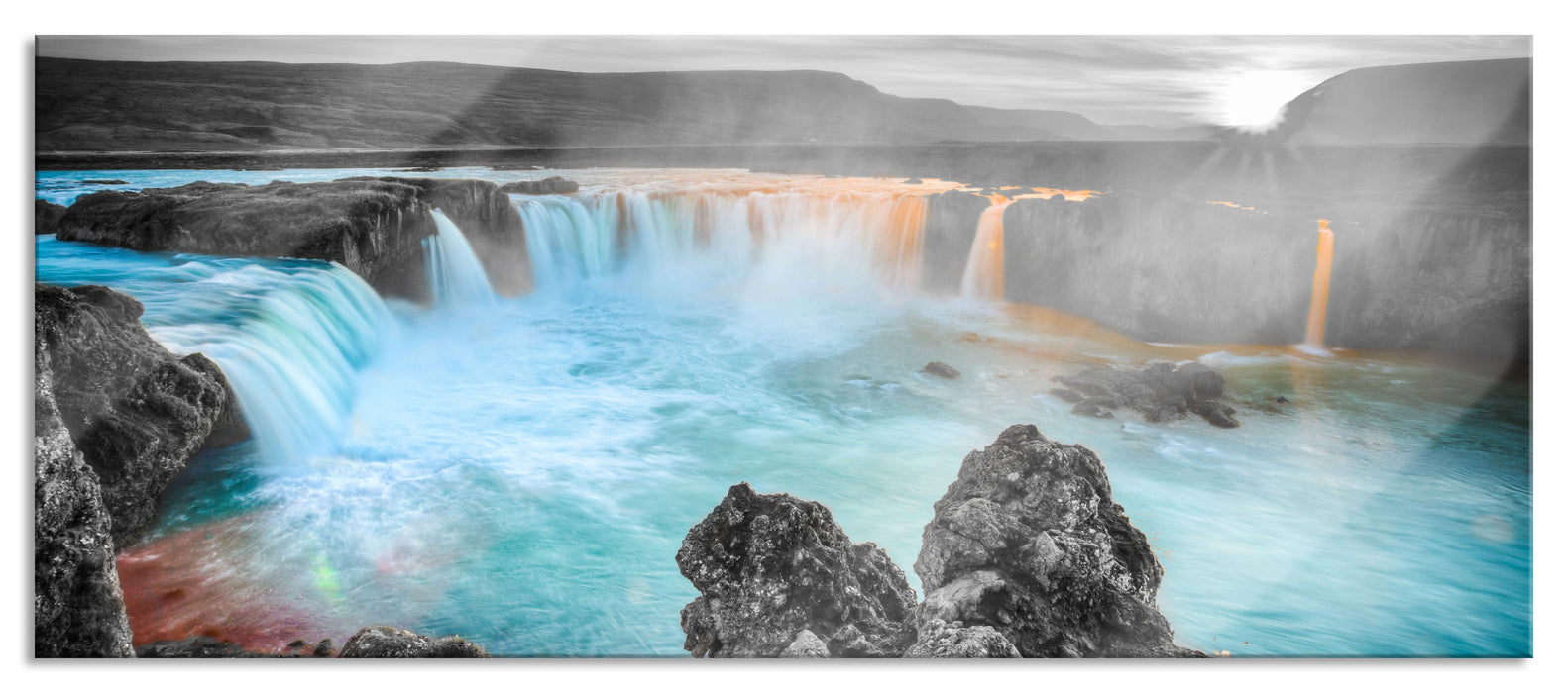 Pixxprint Goðafoss bei Sonnenuntergang, Glasbild Panorama