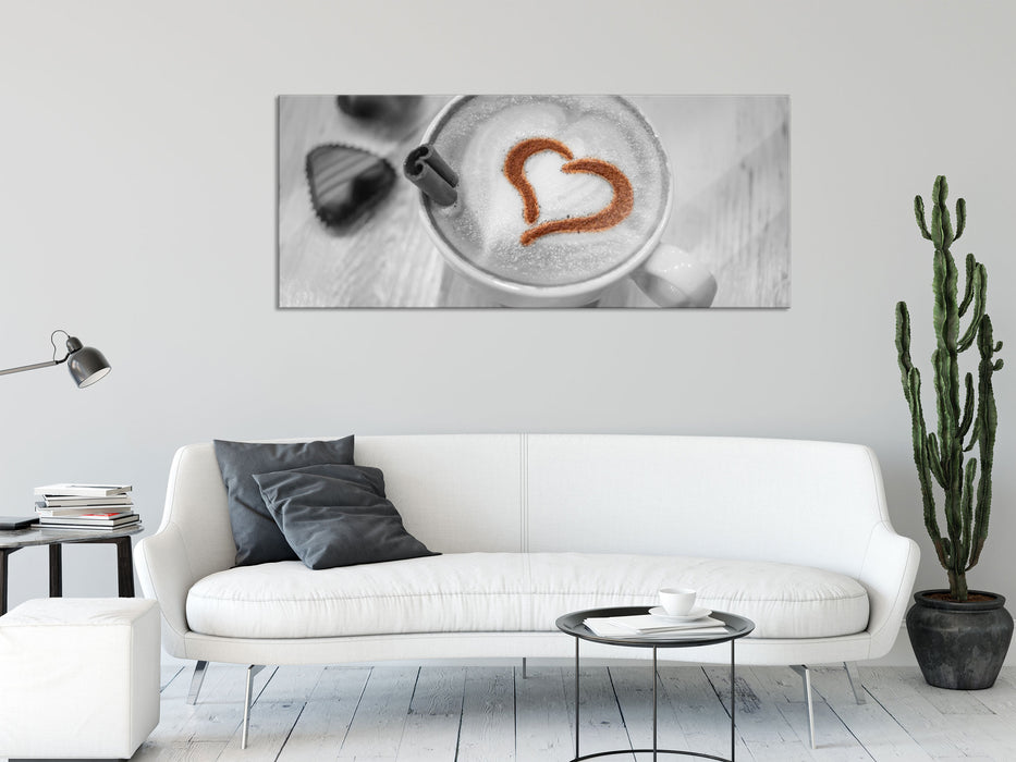 Leckerer Kaffee mit Herz, Glasbild Panorama