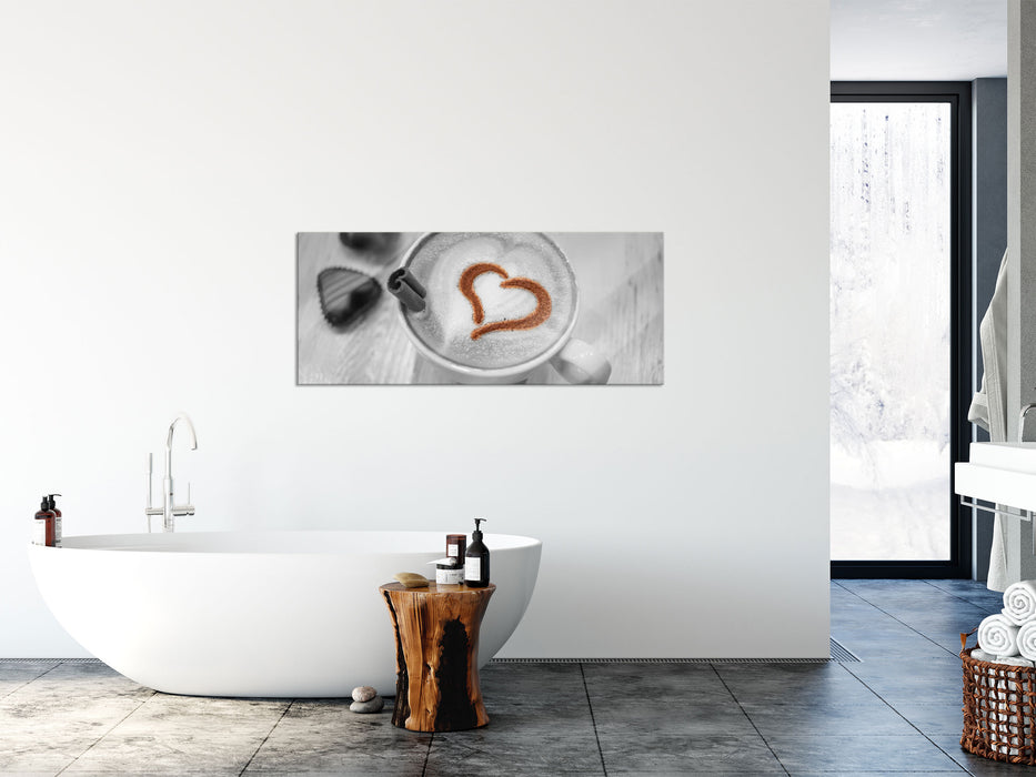 Leckerer Kaffee mit Herz, Glasbild Panorama