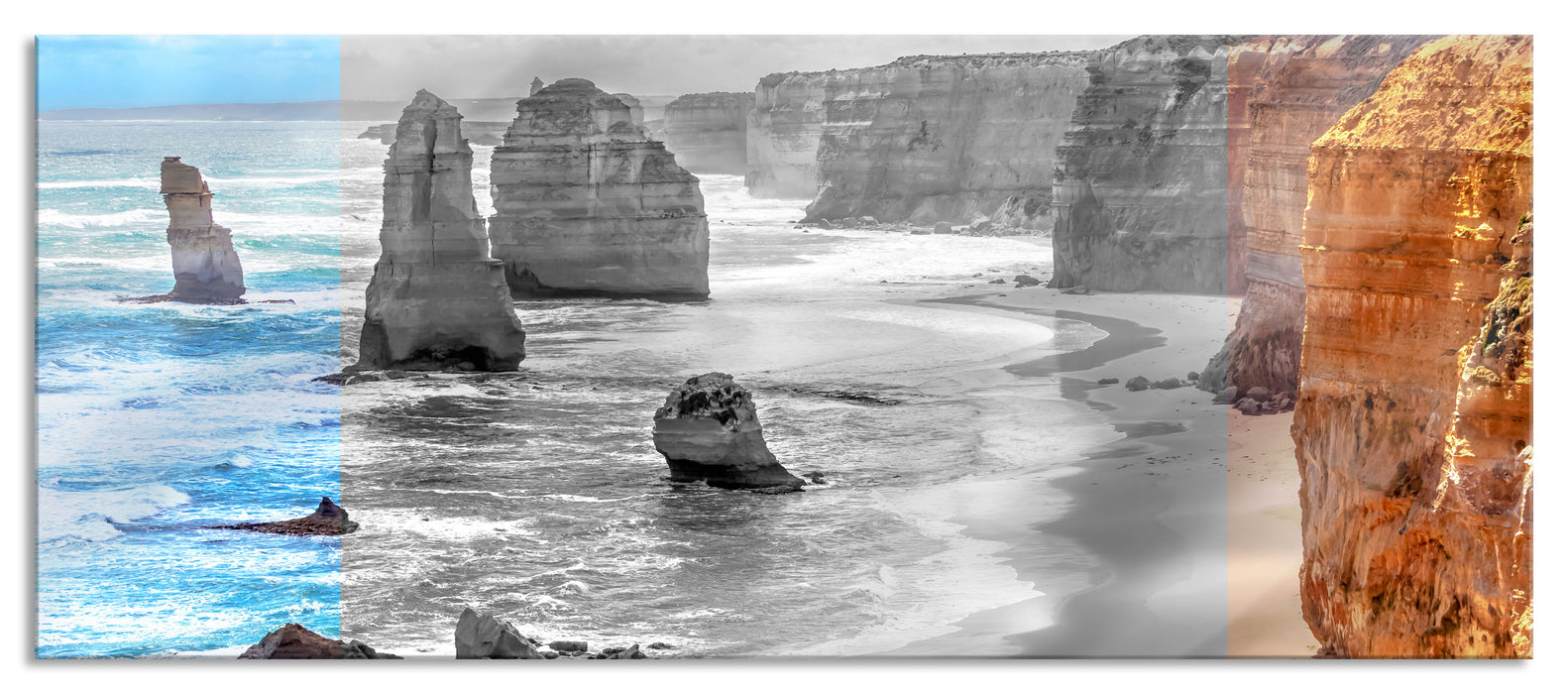 Pixxprint Sandsteinklippen an blauem Meer, Glasbild Panorama