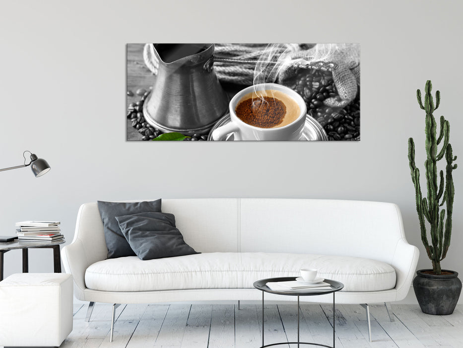 Kaffe mit Kännchen, Glasbild Panorama