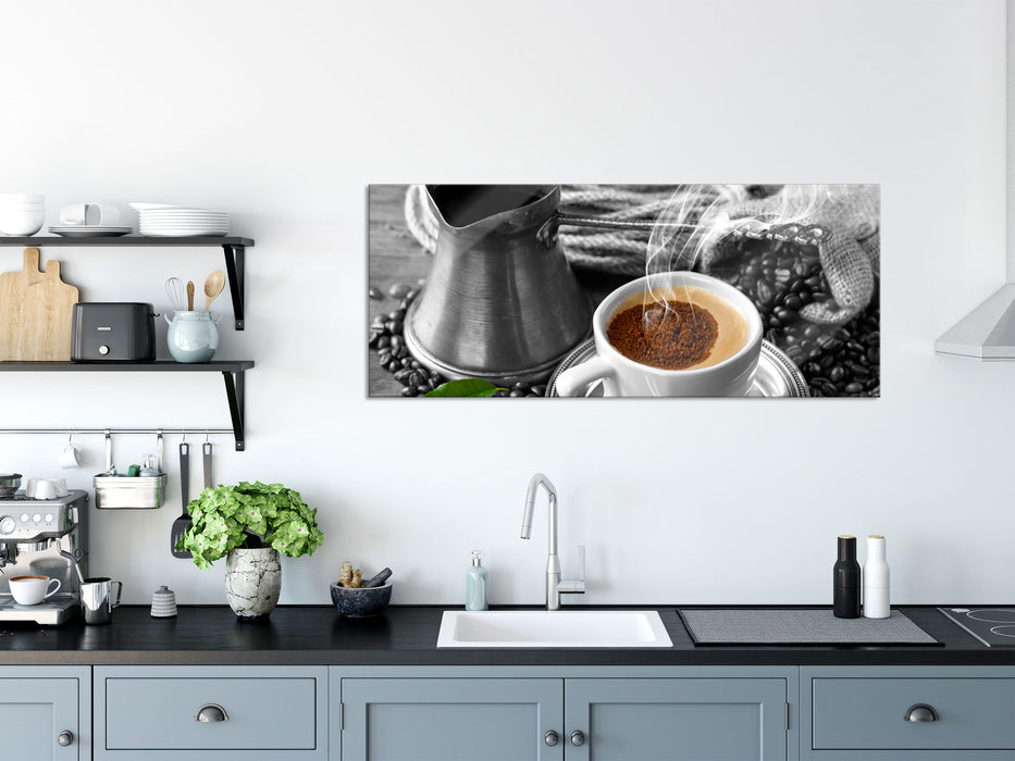 Kaffe mit Kännchen, Glasbild Panorama