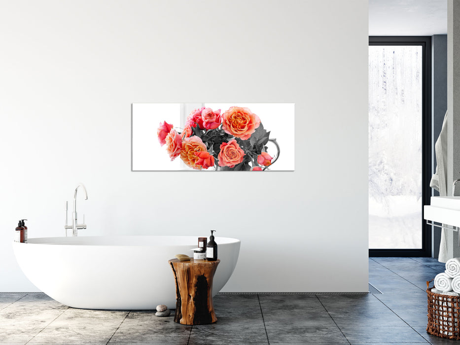 Wunderschöne Rosen in Krug, Glasbild Panorama