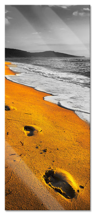 Pixxprint Spuren Im Sand am weiten Meer, Glasbild Panorama