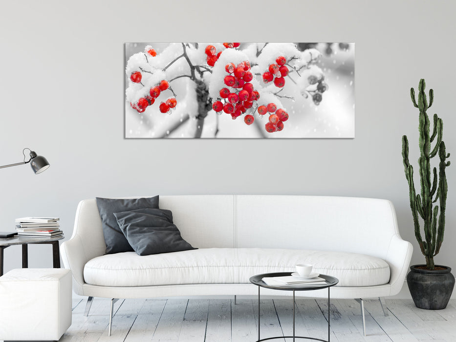 Rote Vogelbeeren im Winter, Glasbild Panorama