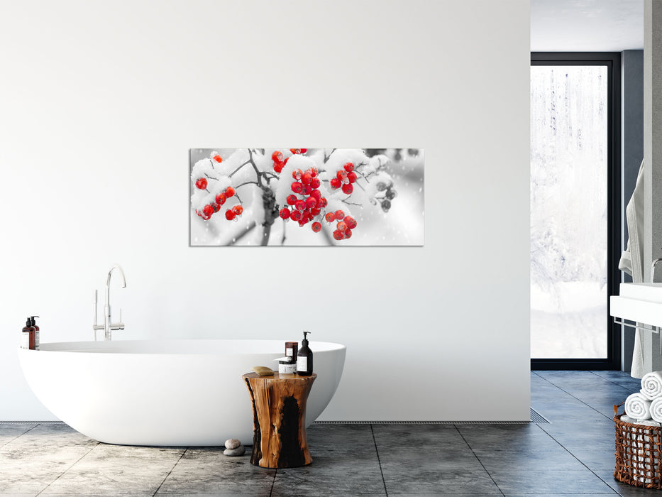 Rote Vogelbeeren im Winter, Glasbild Panorama