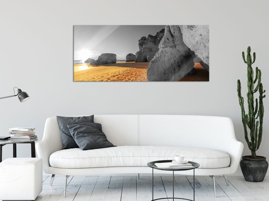 Riesige Felsen am Strand, Glasbild Panorama