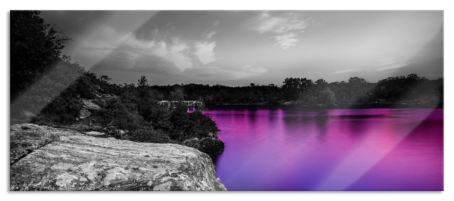 Pixxprint Seelandschaft in der Dämmerung, Glasbild Panorama