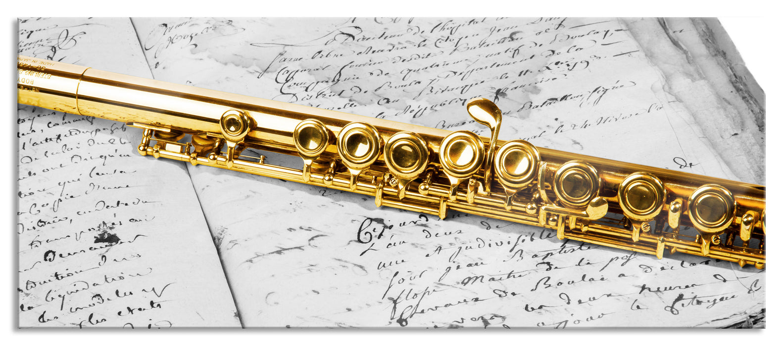 Pixxprint schöne Querflöte auf altem Buch, Glasbild Panorama