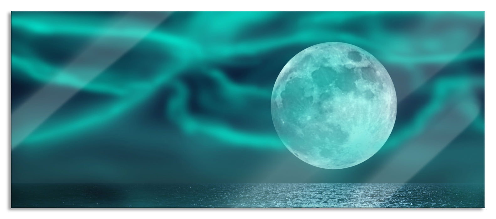 Pixxprint ruhiges Meer mit Vollmond, Glasbild Panorama
