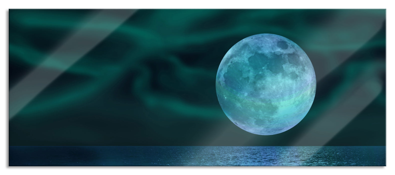 ruhiges Meer mit Vollmond, Glasbild Panorama