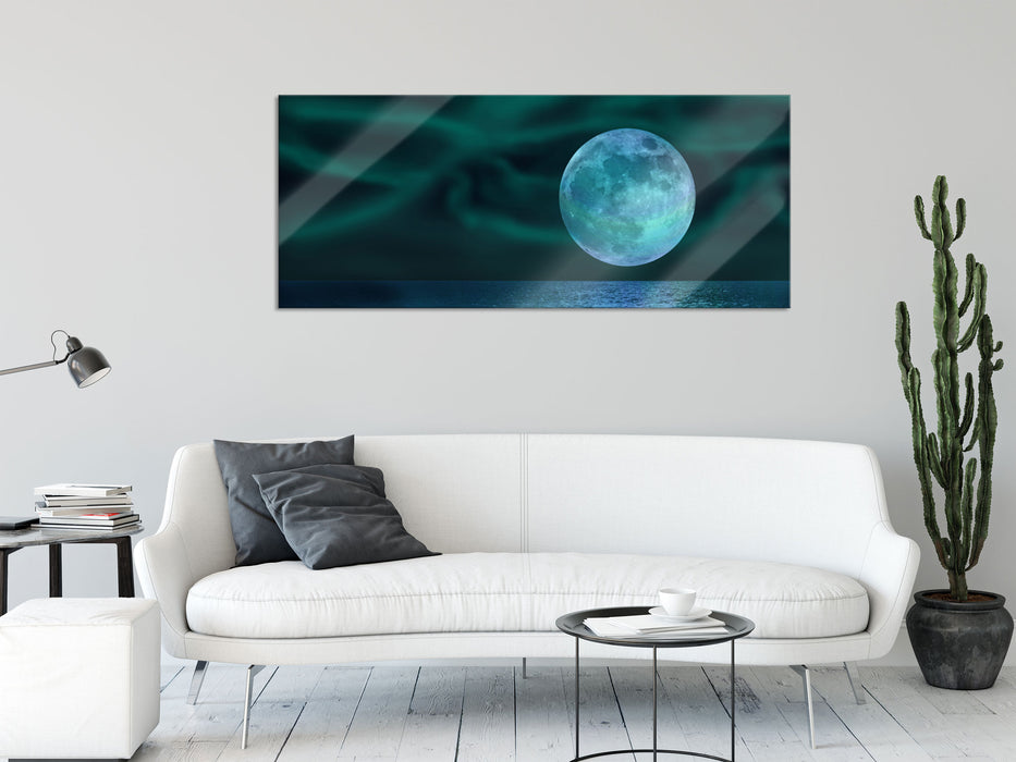 ruhiges Meer mit Vollmond, Glasbild Panorama