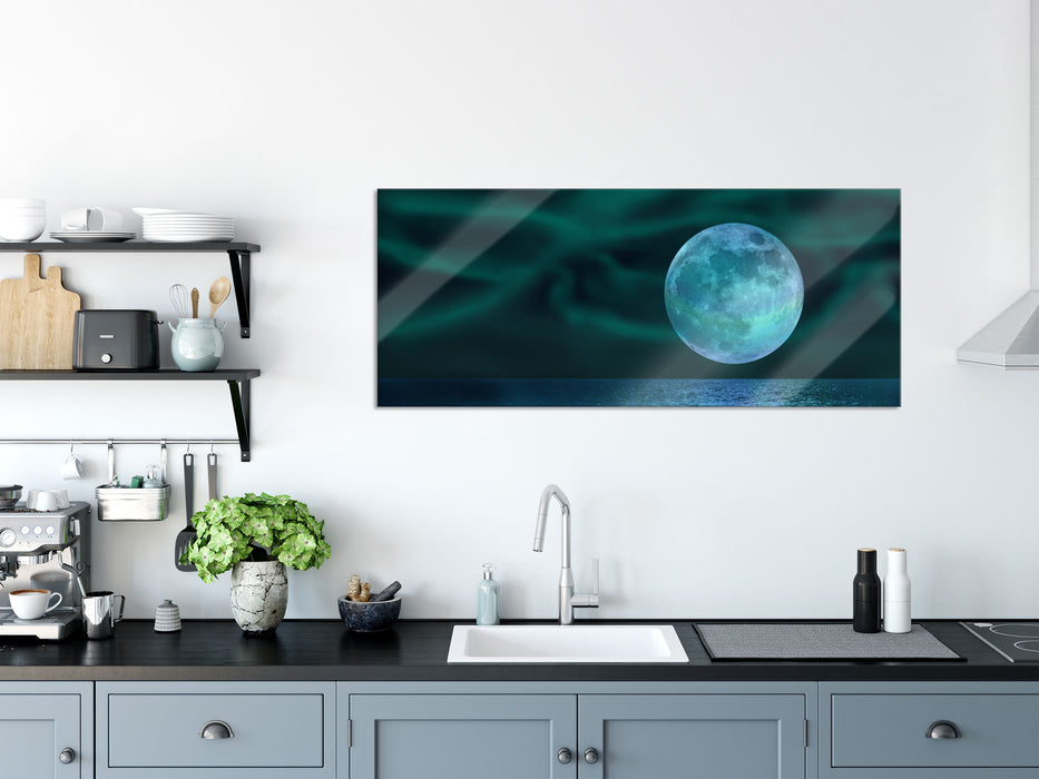 ruhiges Meer mit Vollmond, Glasbild Panorama