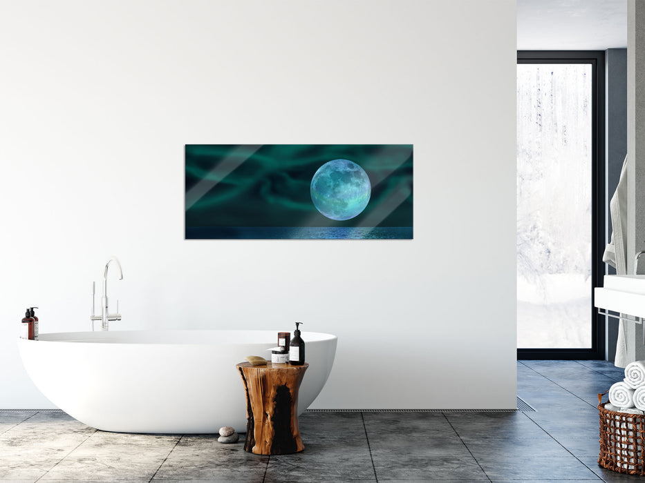 ruhiges Meer mit Vollmond, Glasbild Panorama