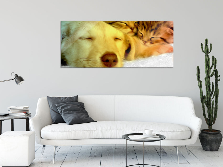 Welpe und Katze, Glasbild Panorama