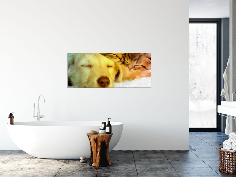 Welpe und Katze, Glasbild Panorama