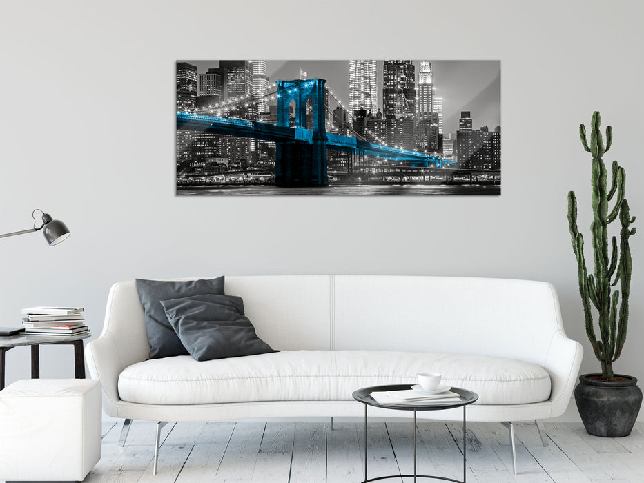 Brooklyn Bridge mit Wolkenkratzern, Glasbild Panorama
