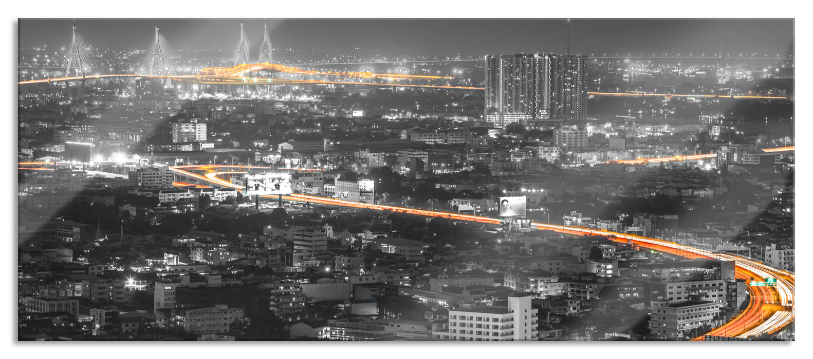 Pixxprint Lichtermeer Großstadt bei Nacht, Glasbild Panorama