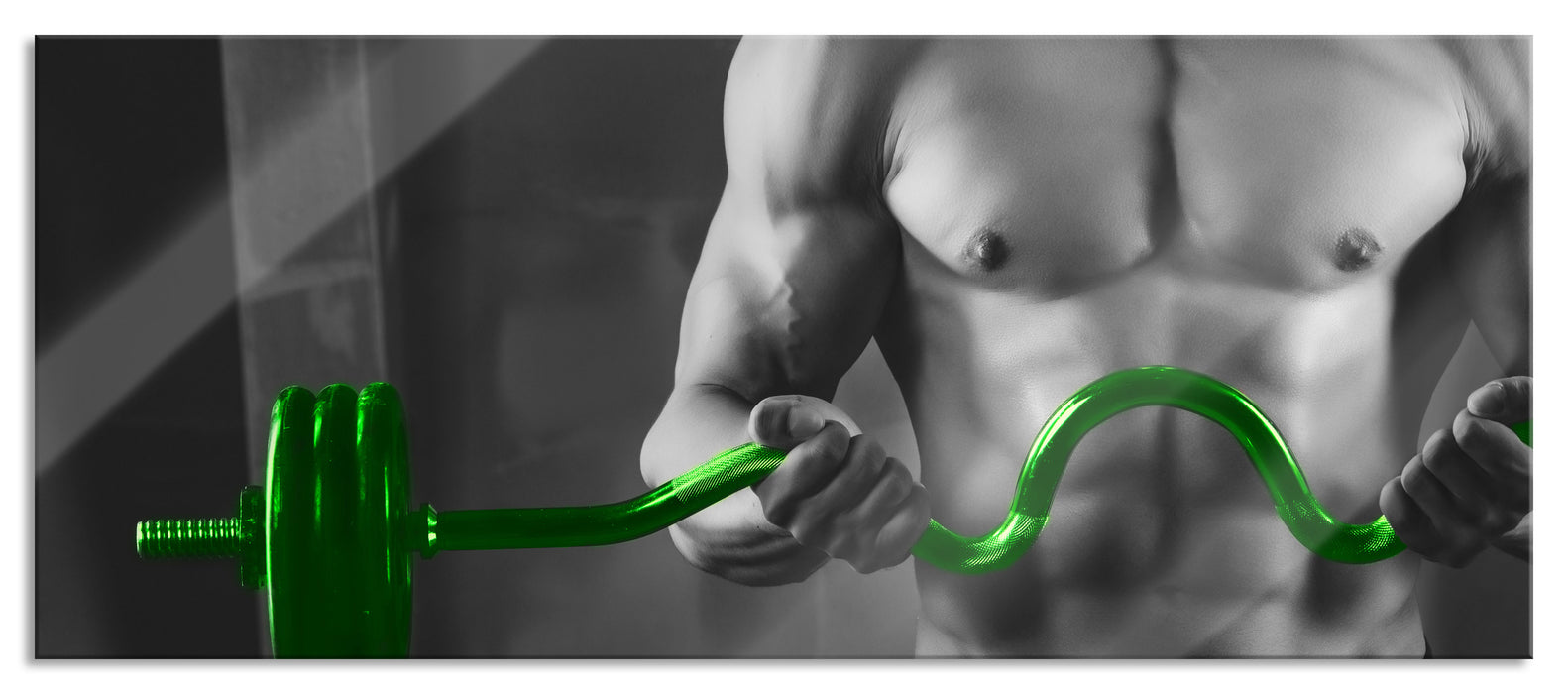 Pixxprint tranierter Mann hebt Gewichte, Glasbild Panorama