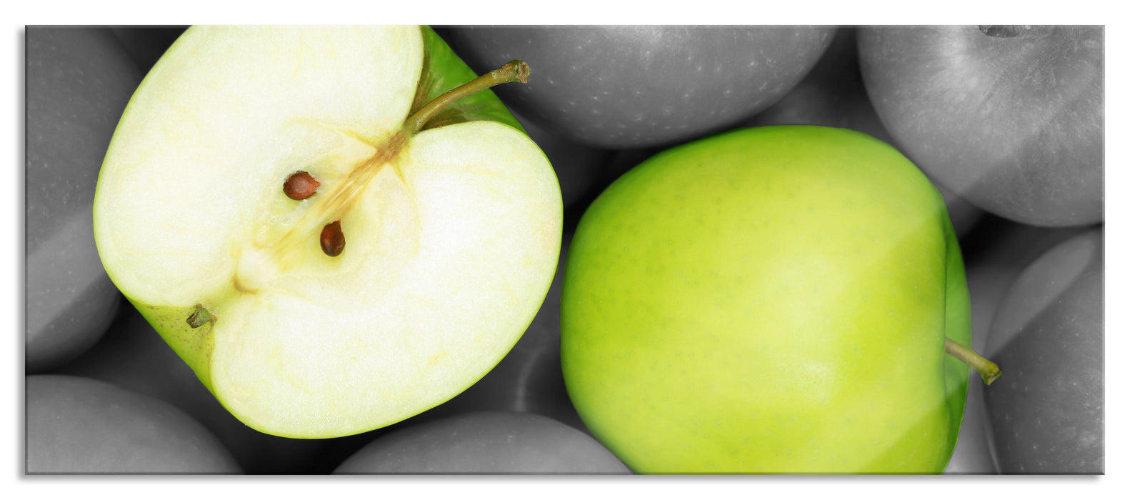 Pixxprint saftige grüne Äpfel, Glasbild Panorama