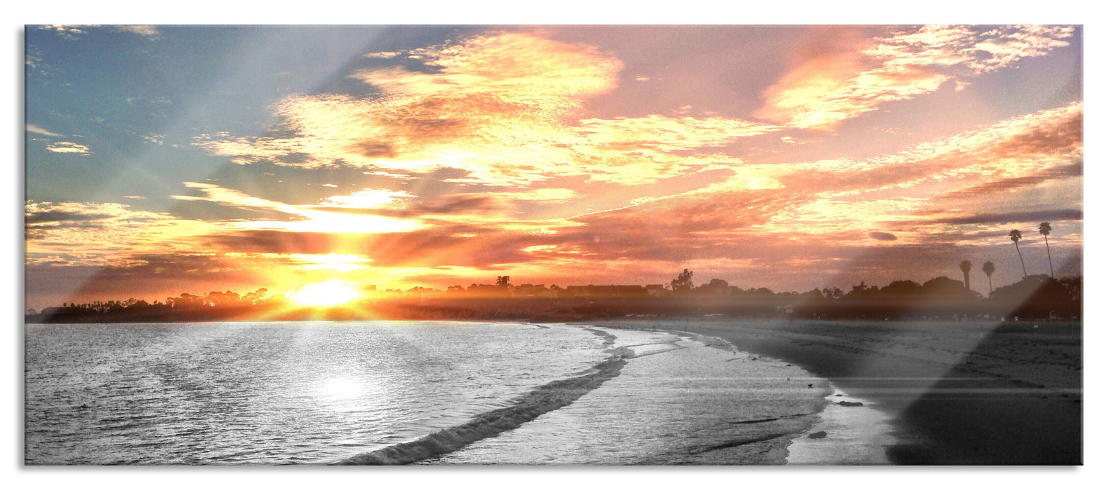 Pixxprint Strand bei Sonnenuntergang, Glasbild Panorama