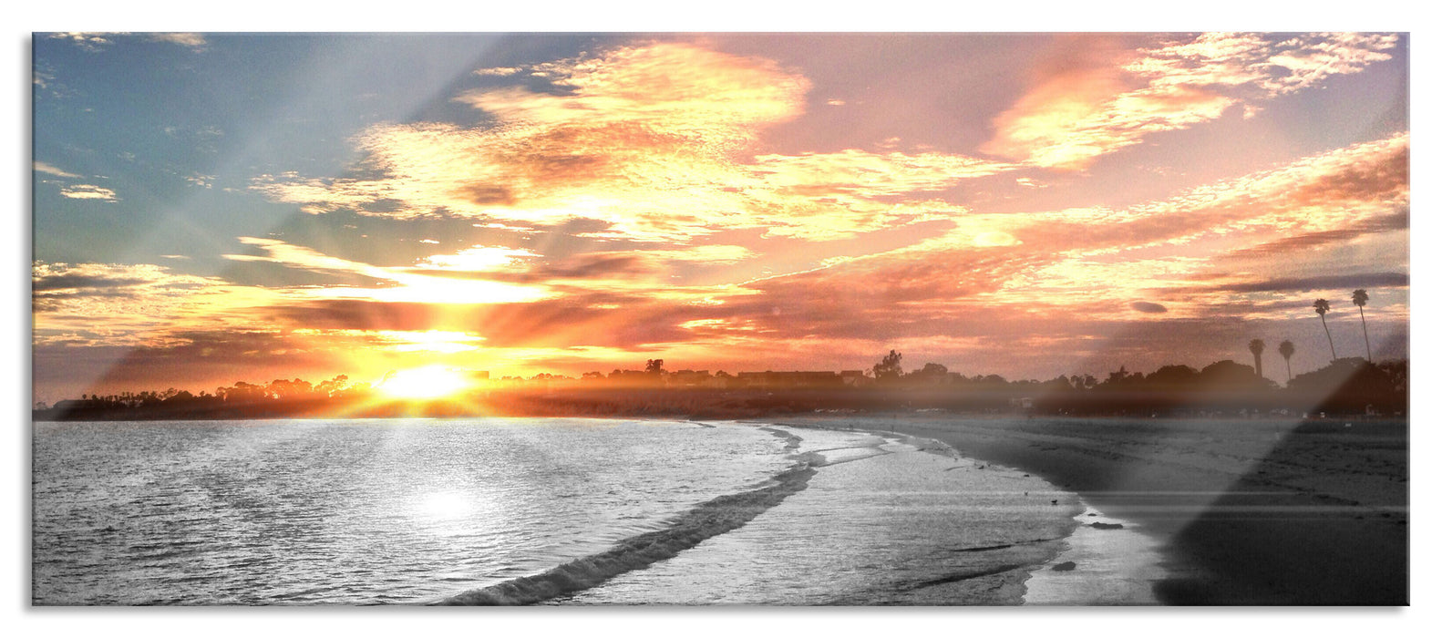 Strand bei Sonnenuntergang, Glasbild Panorama