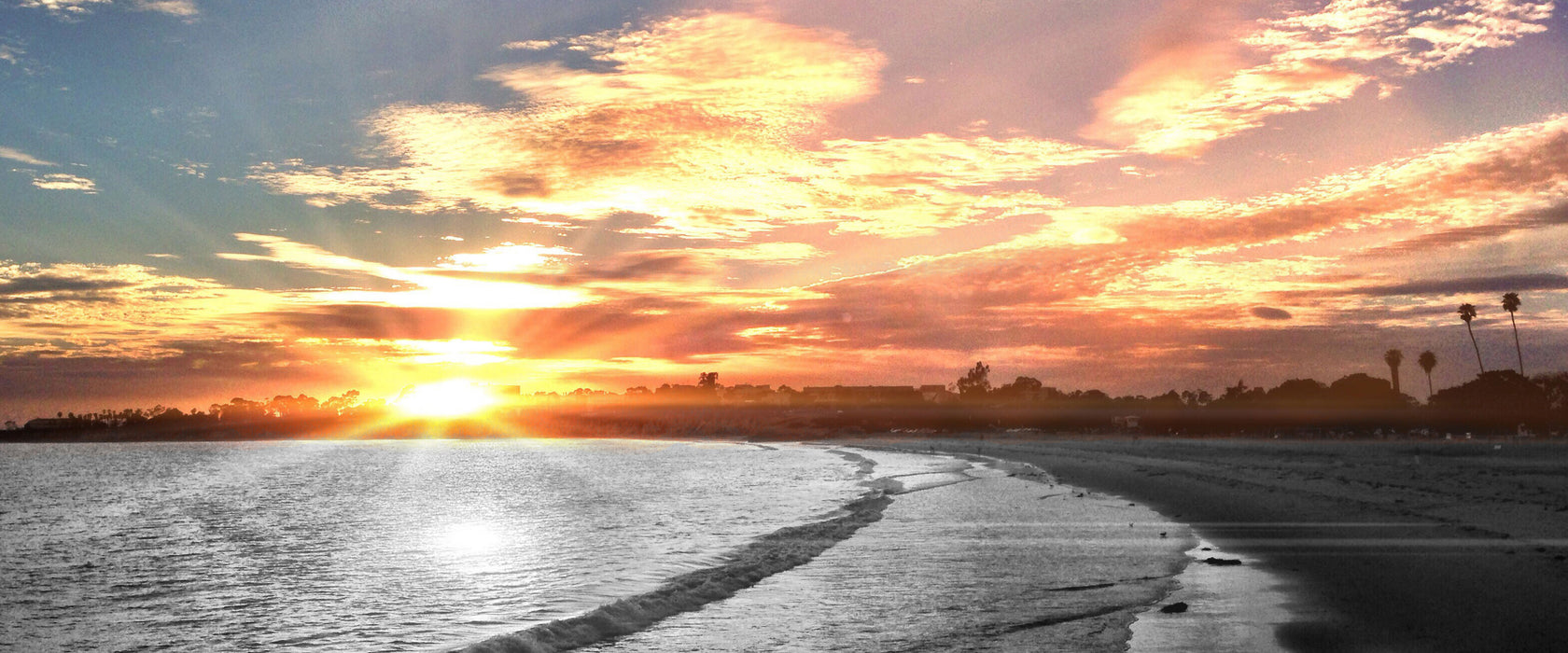Strand bei Sonnenuntergang, Glasbild Panorama