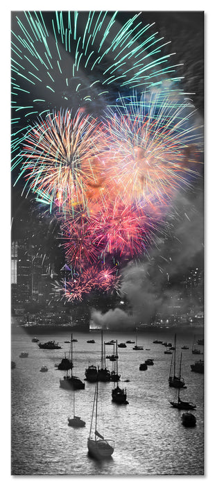 Pixxprint Feuerwerk über Meer, Glasbild Panorama