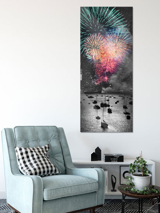 Feuerwerk über Meer, Glasbild Panorama