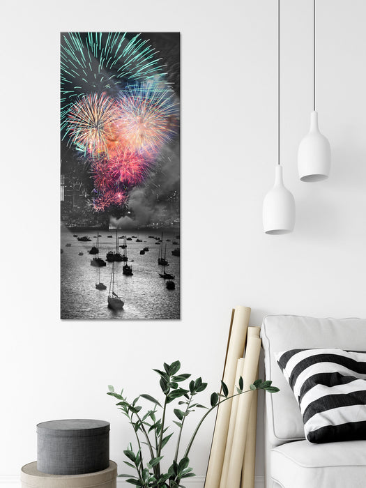 Feuerwerk über Meer, Glasbild Panorama