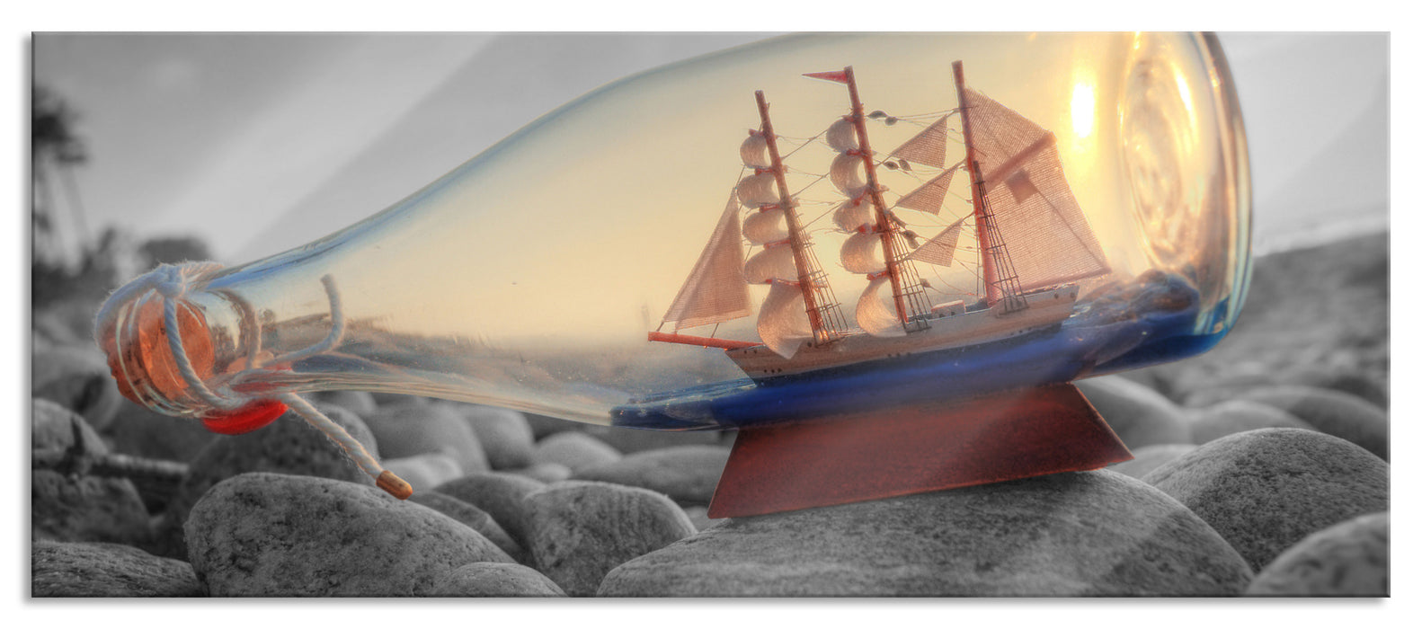 Pixxprint Schiff in Flasche, Glasbild Panorama