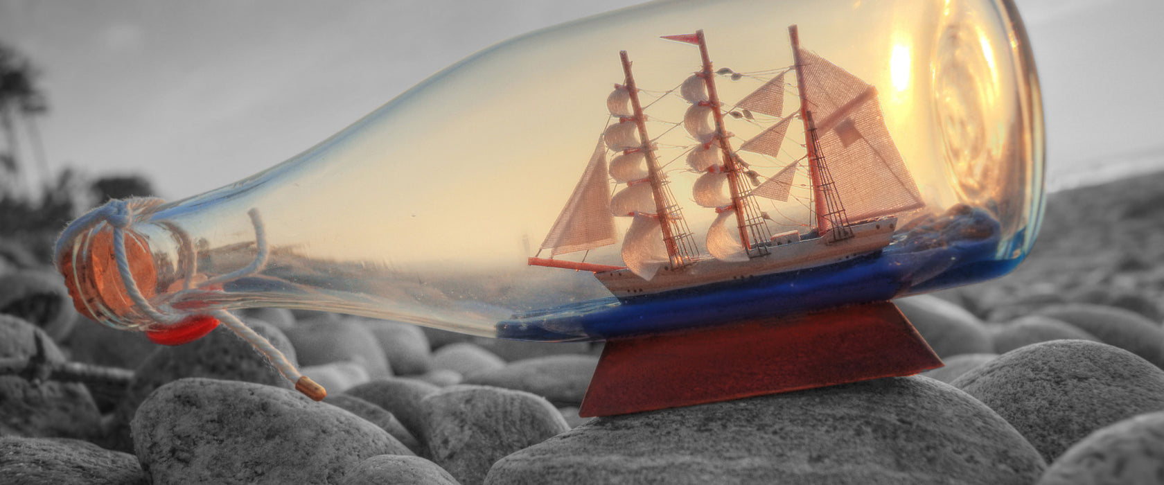 Schiff in Flasche, Glasbild Panorama