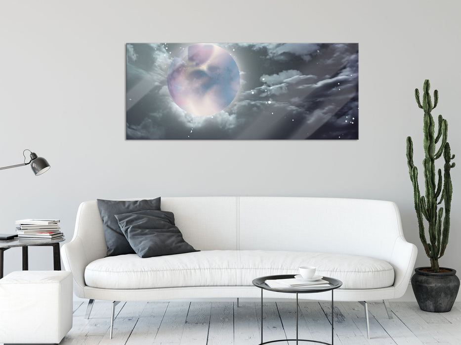 Vollmond Sterne Wolken, Glasbild Panorama