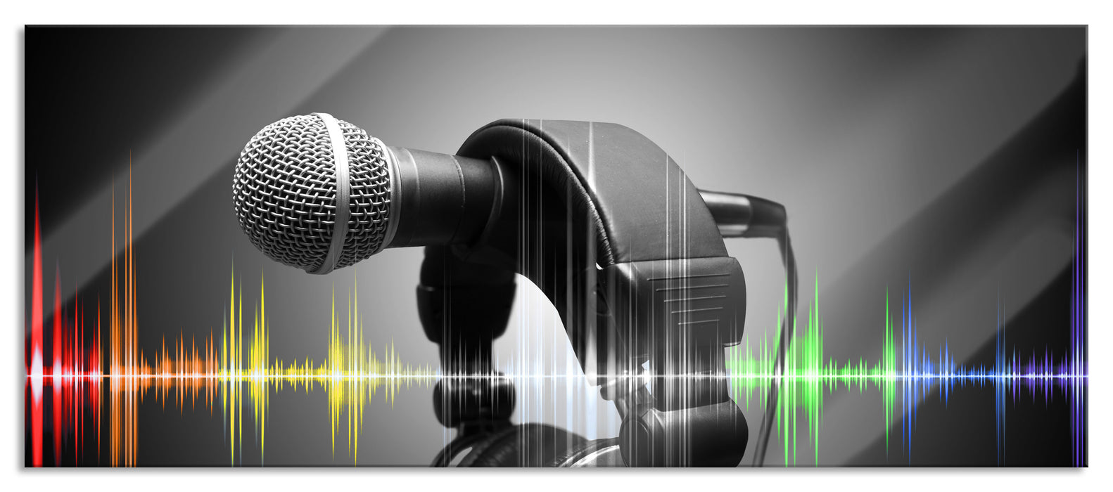 Pixxprint Mikrofon mit Kopfhörern, Glasbild Panorama