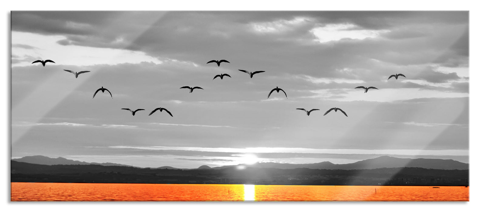 Pixxprint ruhiger See bei Sonnenuntergang, Glasbild Panorama