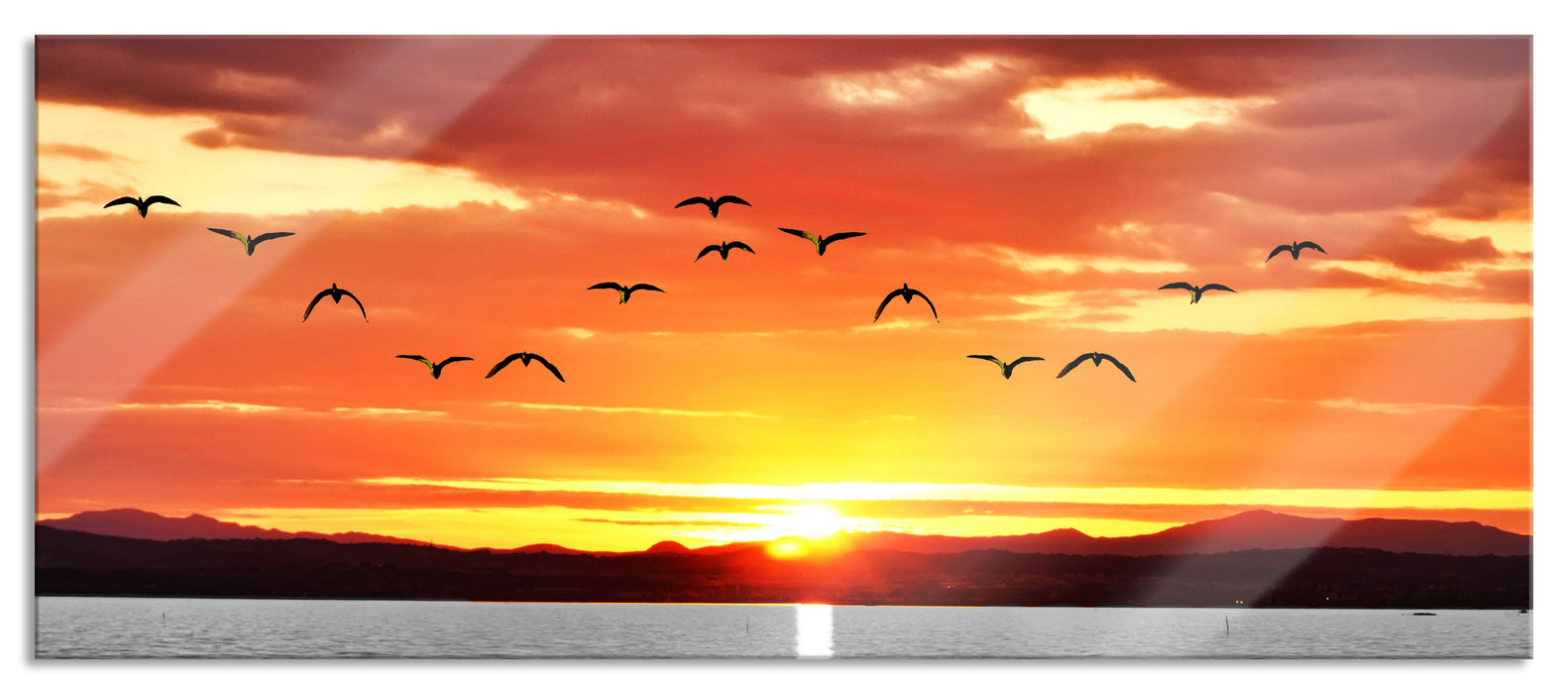 Pixxprint ruhiger See bei Sonnenuntergang, Glasbild Panorama