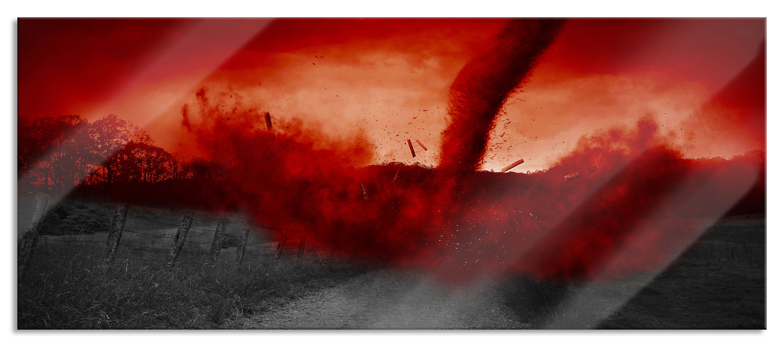 Roter stürmischer Tornado, Glasbild Panorama