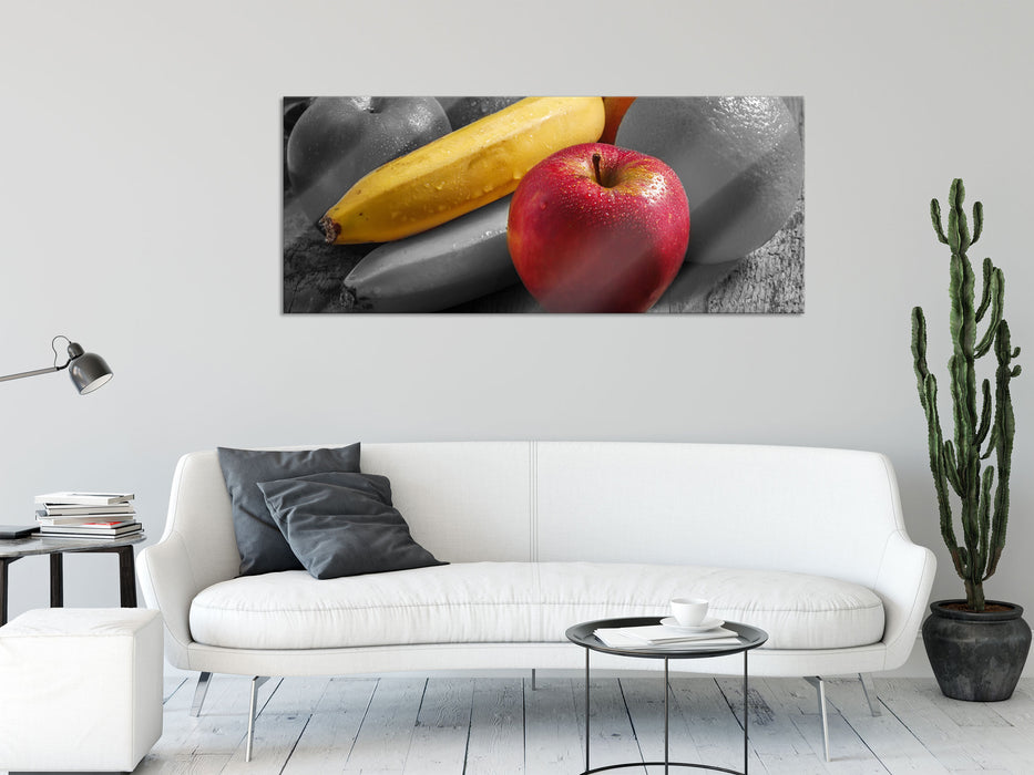 Frisches Obst auf Holztisch, Glasbild Panorama