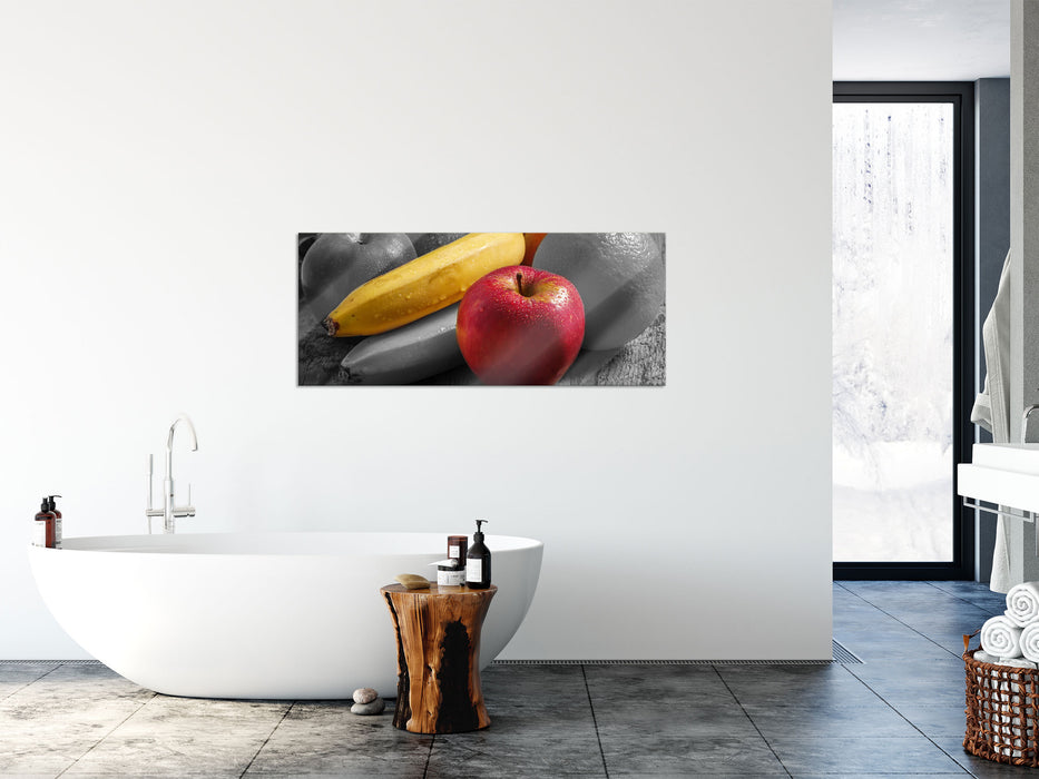 Frisches Obst auf Holztisch, Glasbild Panorama