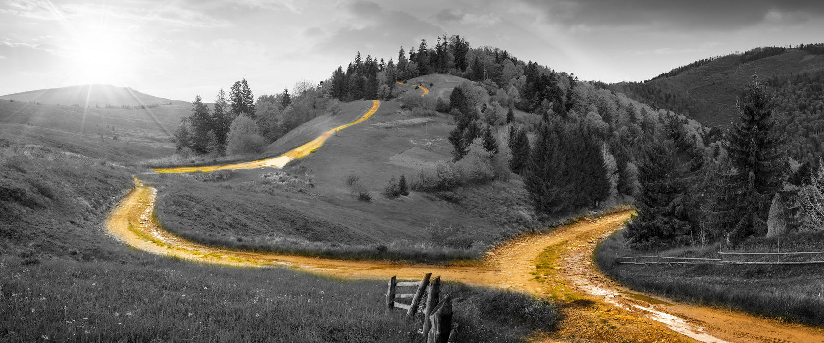 Verträumte Berglandschaft, Glasbild Panorama