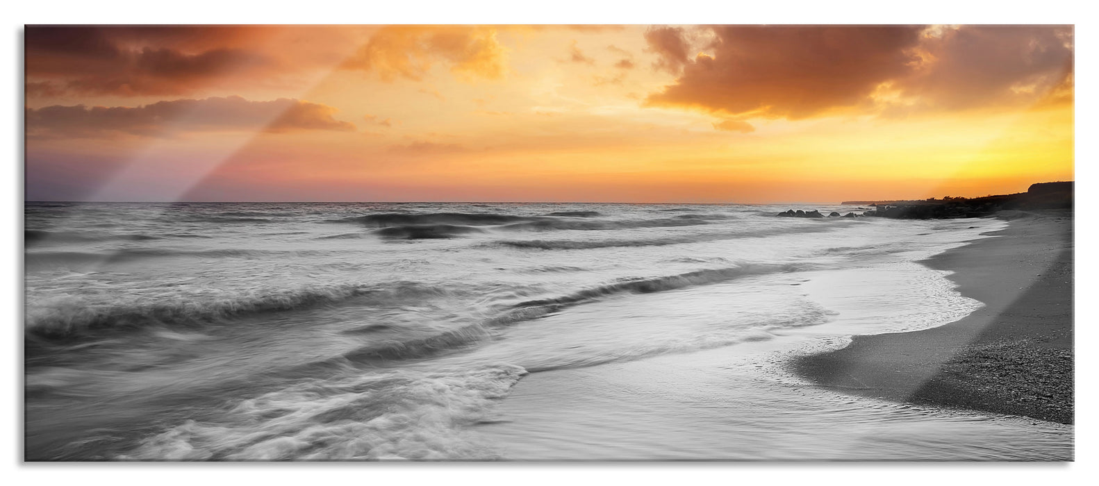 Pixxprint Strand mit Sonnenuntergang, Glasbild Panorama
