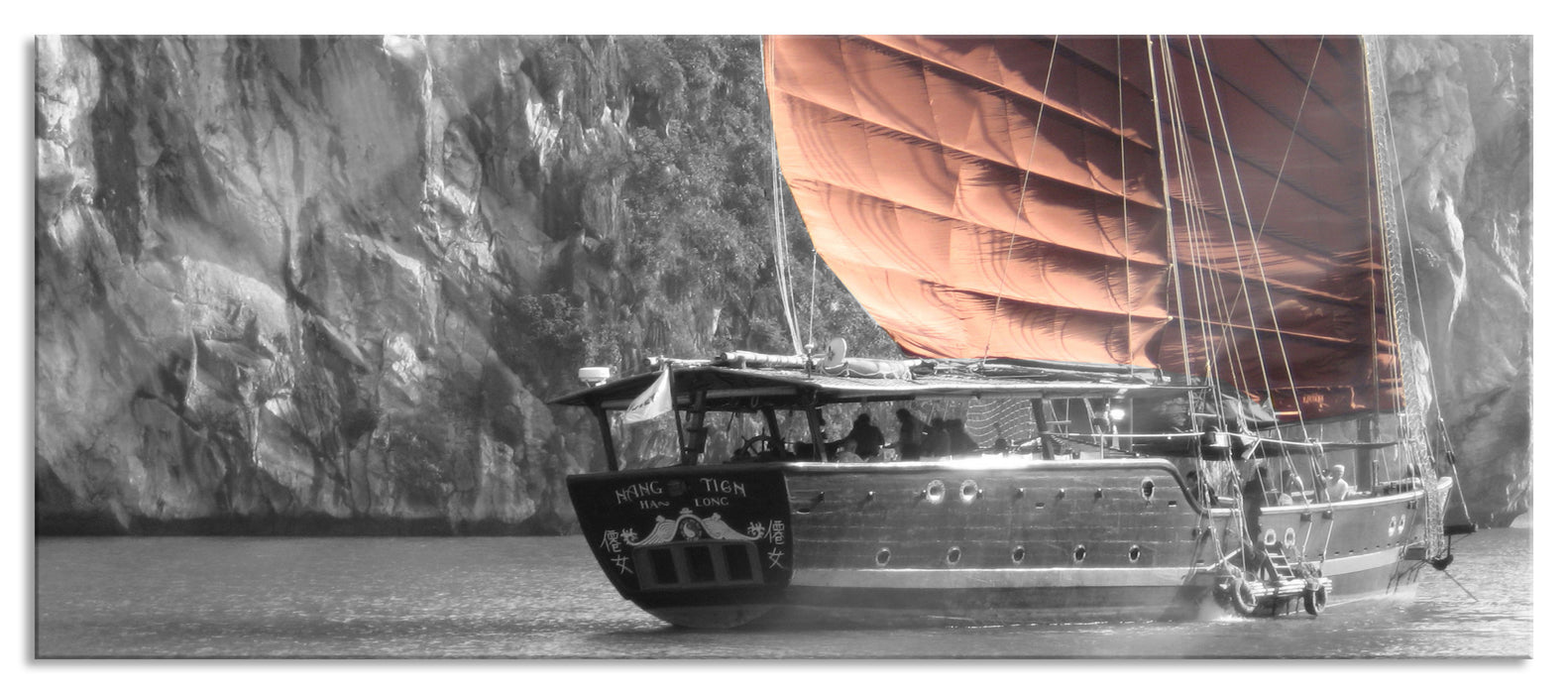 Pixxprint Segelschiff an Klippe, Glasbild Panorama