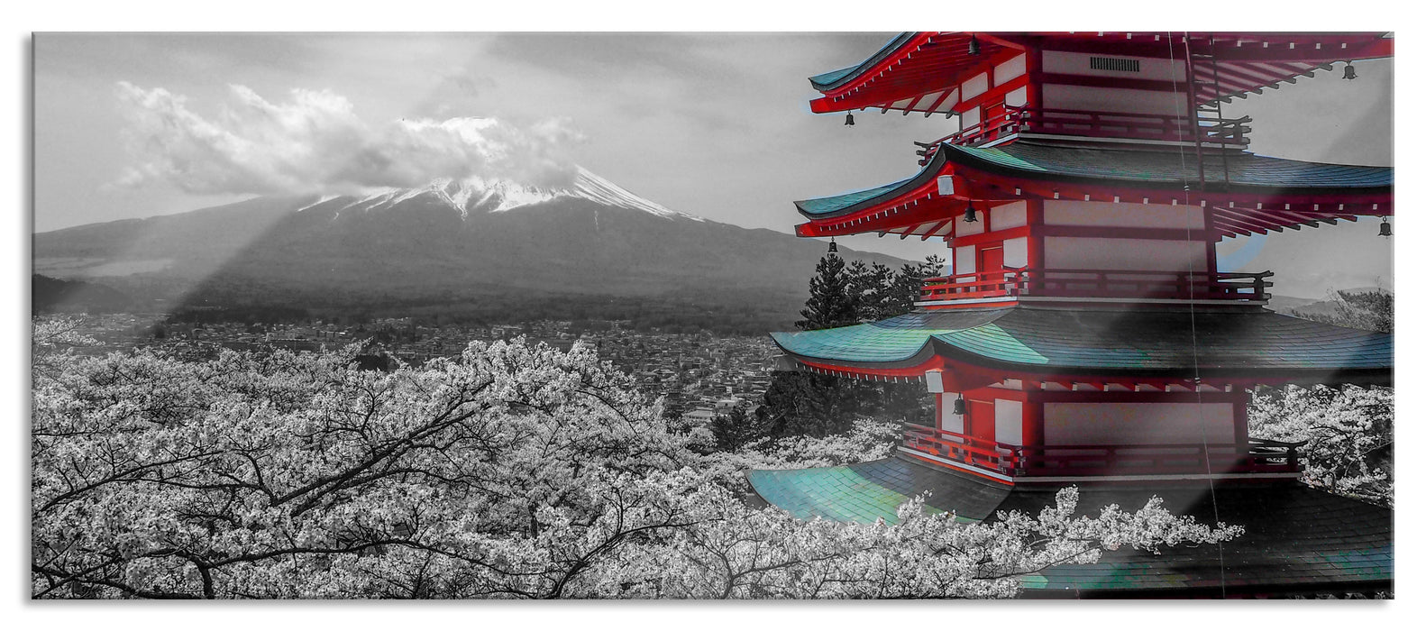 Pixxprint Japanisches Gebäude mit Berg, Glasbild Panorama